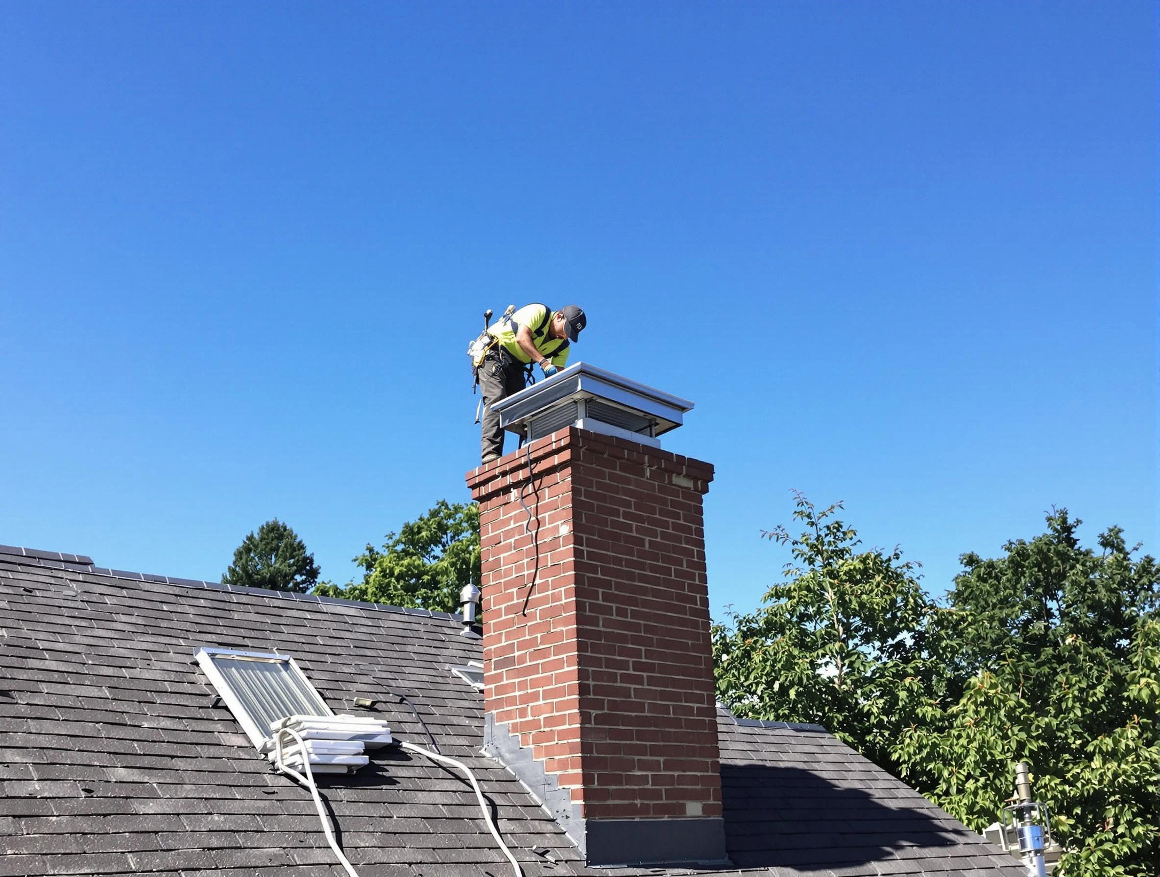 Bayonne Chimney Sweep technician measuring a chimney cap in Bayonne, NJ